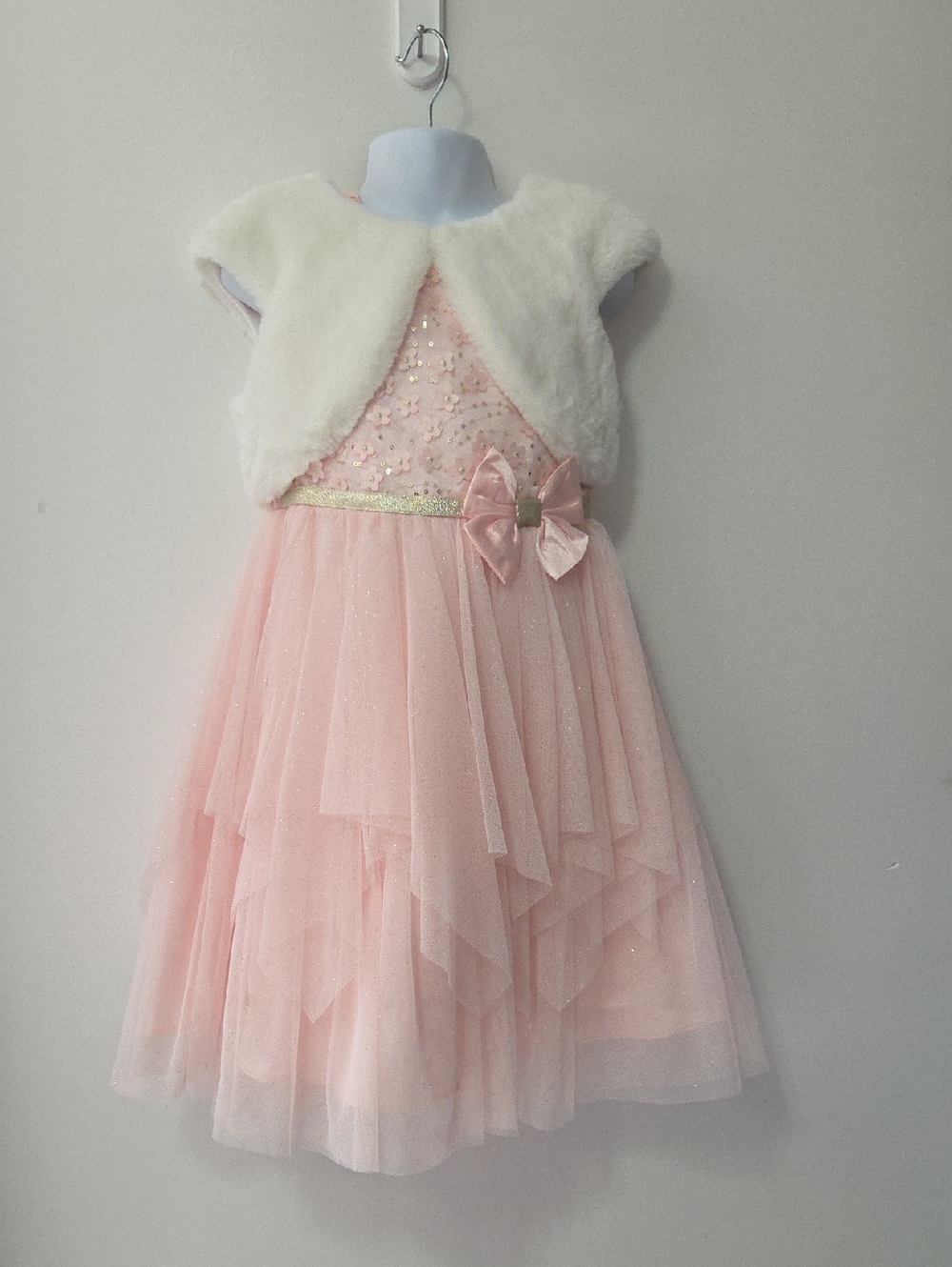 Jona Michelle Pink Sequin Dress with White Fur Bolero